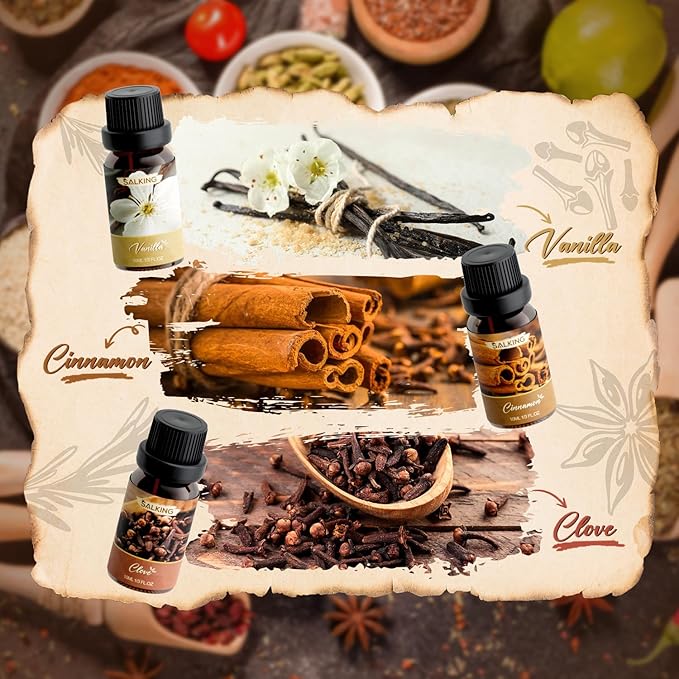 SALKING Spice Essential Oils, Premium Fragrance Oil for Diffuser, Scented Oil Gift Set for Soap Candle Making - Cinnamon, Clove, Vanilla, Pumpkin Spice, Peppermint, Ginger
