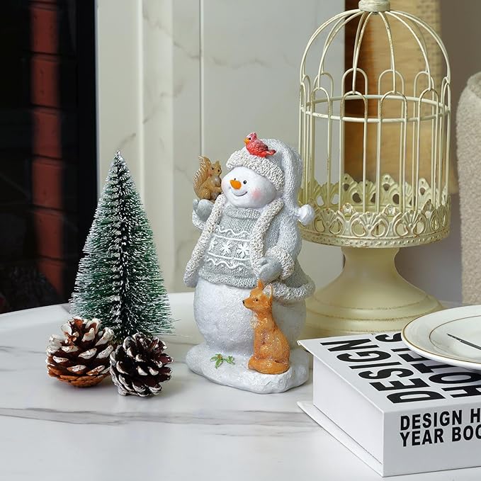 Christmas Snowman Decorations Indoor Figurines Glowing Knitting Design Gift Decor, Animated Xmas Home Ornament, Holiday Presents White & Blue with Animals Snow Buddies - White