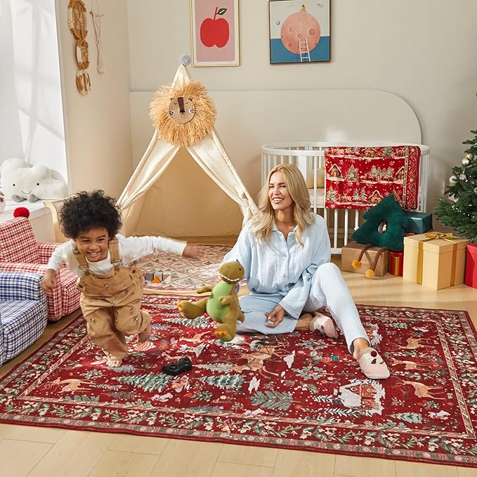 Lahome Christmas Area Rug, 5x7 Red Living Room Rugs, Christmas Tree Santa Claus Non Slip Soft Dining Room Rug, Washable Winter Indoor Carpet for Bedroom Entry Holiday Decor