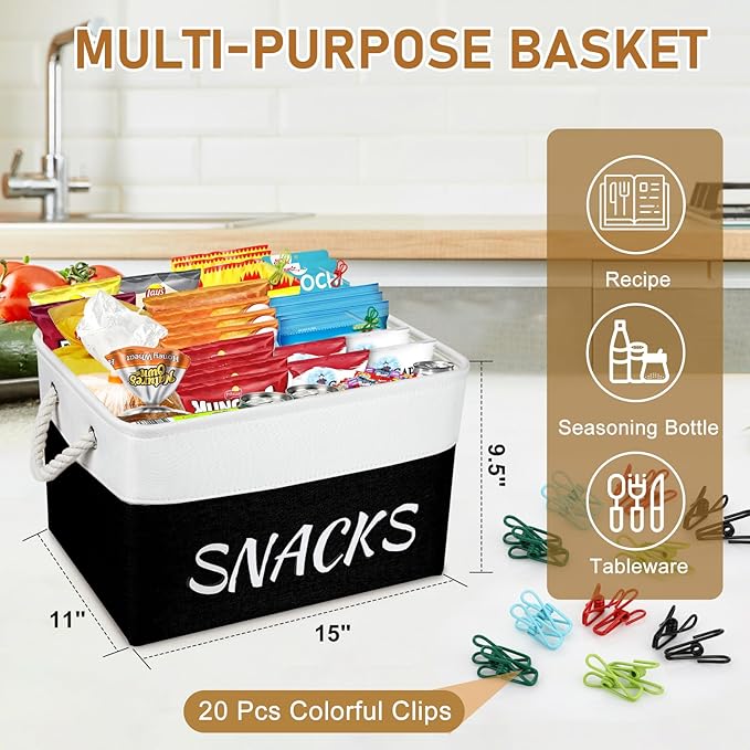2 Pack Snack Organizer for Pantry,Decorative Snack Basket with 20 Pcs Chip Clips, Collapsible Snack Organizer for Countertop, Pantry Shelf, Office, Kitchen and More