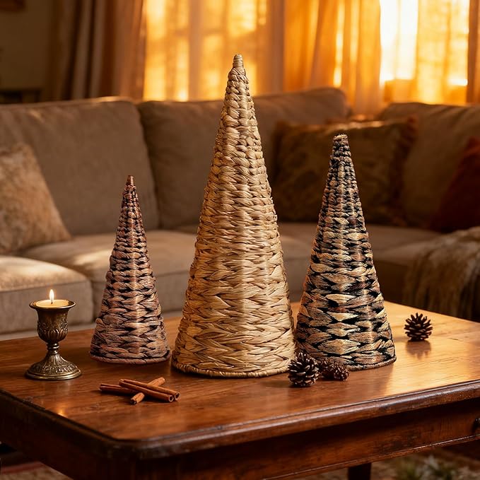 3pcs Woven Water Hyacinth Christmas Trees Decor, Artificial Christmas Tree Decorations for Home Party Table Village Craft Indoor Outdoor Vintage Christmas Decor(Natural+Black+Brown)