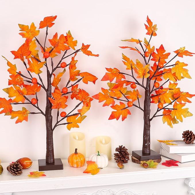 2Pack 24 Inch Prelit Maple Tree Fall Thanksgiving Decor with 48 LED Timer Battery Operated, Lighted 3D Acorn Maple Lampshade Pumpkin Artificial Tabletop Tree Thanksgiving Table Decorations Home Indoor