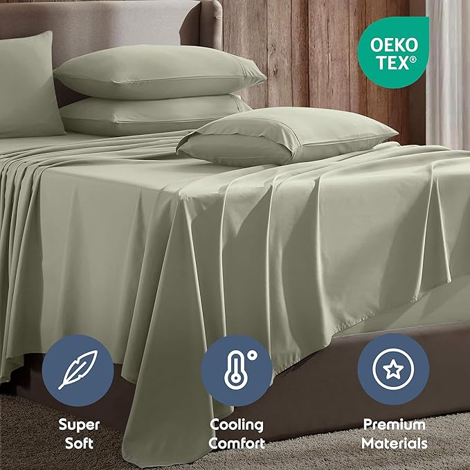 Nestl Extra Deep Full Sheet Set - 6 Piece Breathable & Cooling Sheets - Hotel Luxury Bedding Set w/18-24 Inch Deep Pockets - Easy & Secure Fit - Super Soft, Wrinkle Free & Comfy - Light Sage