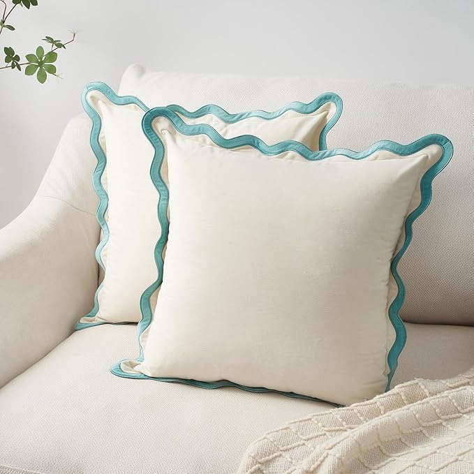 MONDAY MOOSE Decorative Throw Pillow Covers Cushion Cases, Set of 2 Soft Velvet Scalloped Wavy Edge Designs, Mix and Match for Home Decor, Pillow Inserts Not Included (White/Light Blue, 20x20 inch)