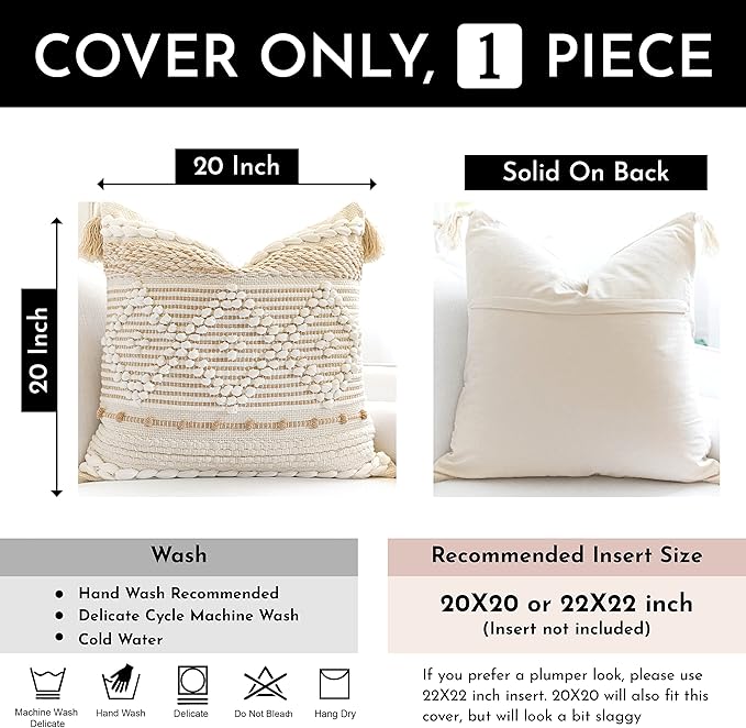 BlissBlush Cream White Boho Throw Pillow Cover 20X20, Boho Woven Textured Pillow Cover, Neutral Pillow Cover, Sofa Couch Bed Farmhouse Lumbar Pillow (Cover ONLY)