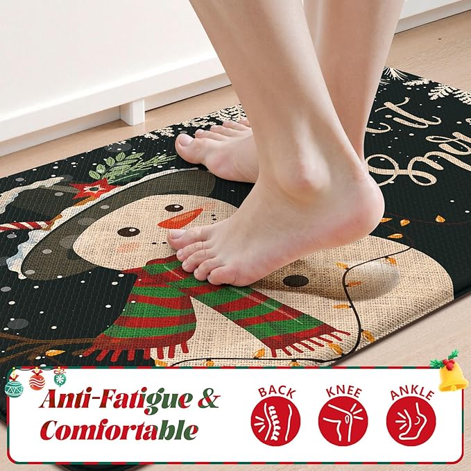 Christmas Snowman Kitchen Mat, Non Skid Cushioned Kitchen Floor Mats Sets of 2 Waterproof Anti Fatigue Kitchen Rug, Winter Xmas Tree Mat Black Comfort Standing Rugs for Holiday Decor 17x30+17x47inch