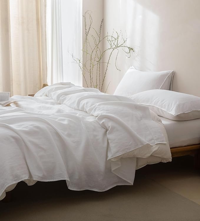 Talasily 100% French Pure Linen Sheets Set Twin Size,Oeko-TEX Certified Bedding, All-Season Breathable for Hot Sleepers,16 Inch Deep Pocket Machine Washable 3-Piece (White)