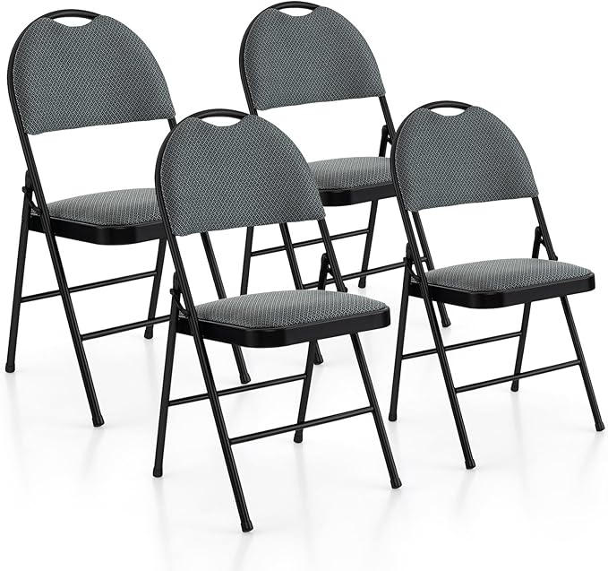 POWERSTONE Folding Chairs 4 Pack, Foldable Chair Set with Padded, Handle Hole and Metal Frame Dining Chair Set for Indoor and Outdoor, School, Office and Garden Party (Grey)
