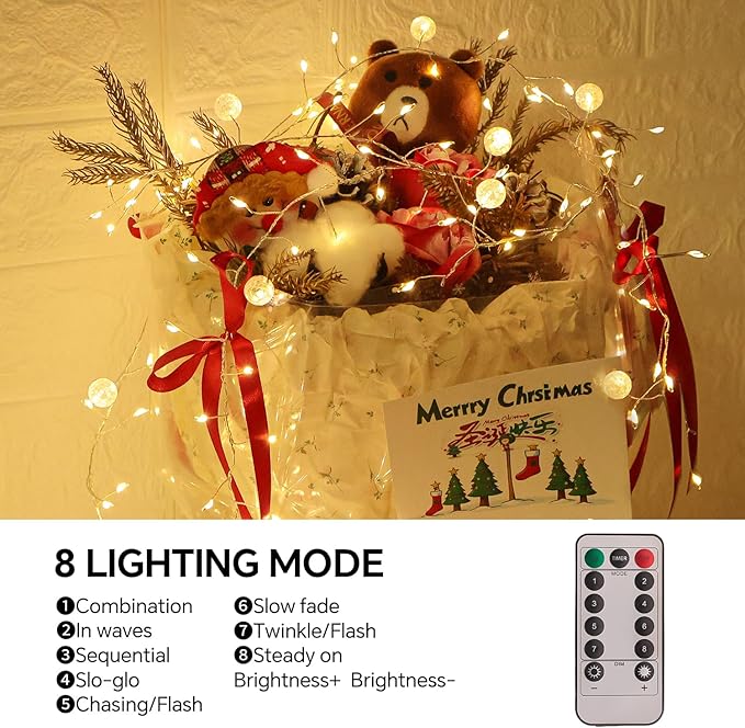 Battery Powered Fairy Lights with Remote, 100 LED Cluster Lights Christmas Waterproof Twinkly Globe String Lights for Christmas Tree Copper Wire Firecracker Light for Bedroom Indoor Decoration
