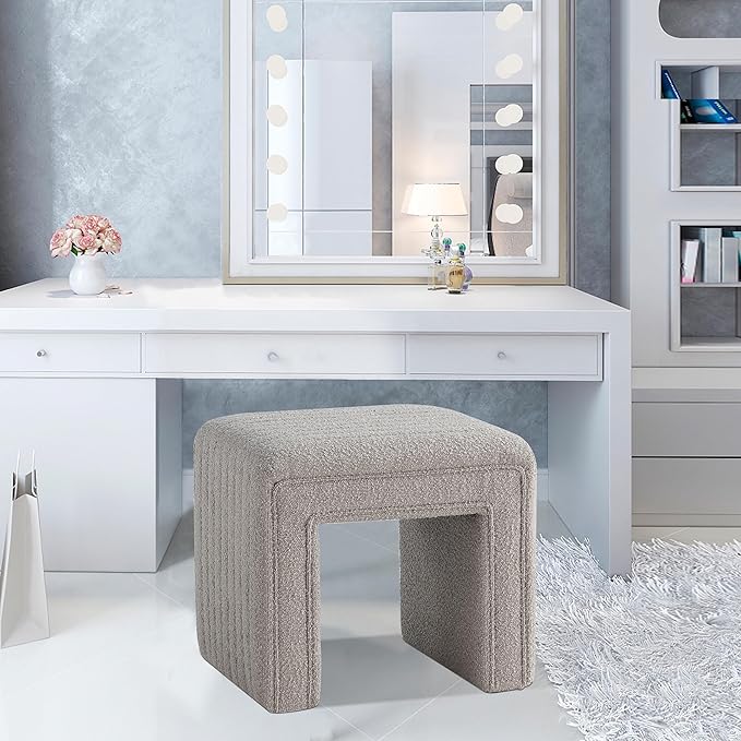 Get Set Style Vanity Stool Chair,Modern Boucle Ottoman Foot Stool with Wooden Legs Sofa Bench Footstool Extra Seat for Vanity,Makeup Room,Living Room,Entryway,Office (Fully Assembled)