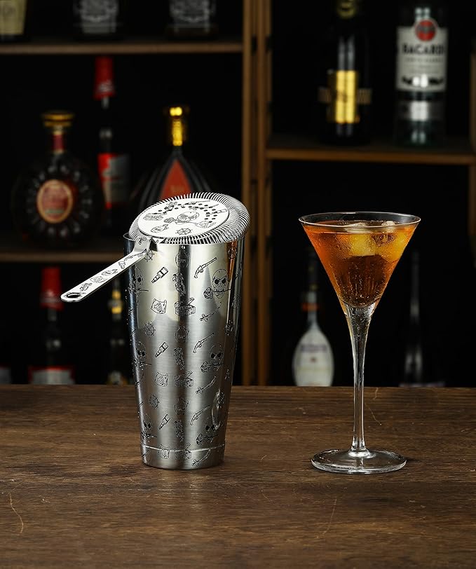 Cocktail Shaker Set - 5-Piece Bar Accessories Kit w/Weighted Boston Shaker, Strainer, Jigger, Mixing Spoon with Etched Skull Rose Pattern