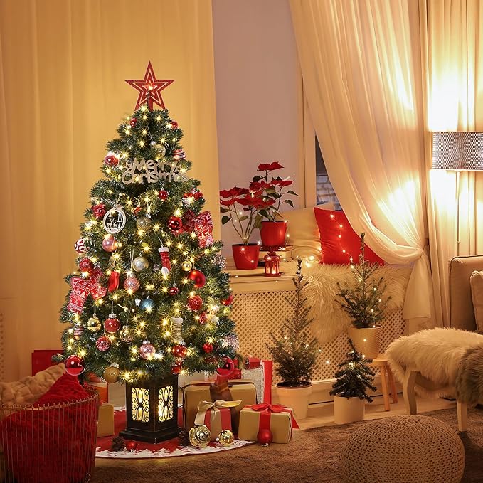 4.5ft Green Christmas Tree, Pre-Lit Artificial Potted Xmas Tree with 300 Led Lights, 8 Lighting Modes, Antique Urn Base Design, Dense Branch Realistic Home Party Decoration w/Easy Assembly,2 PCS