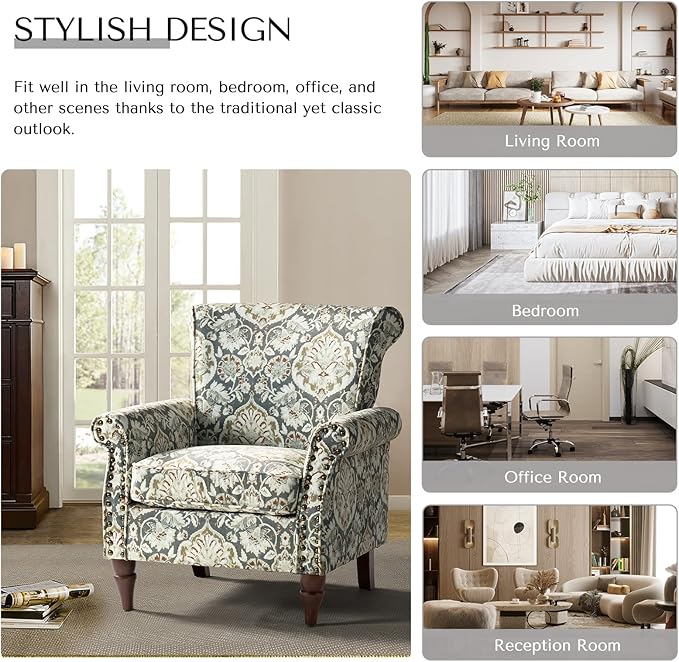 HULALA HOME Modern Wingback Accent Chairs Set of 2 with Wood Legs & Removable Cushion, Comfy Upholstered Armchairs with Nailhead Trim, Floral Pattern Single Sofa Chairs for Living Room Bedroom, Pine