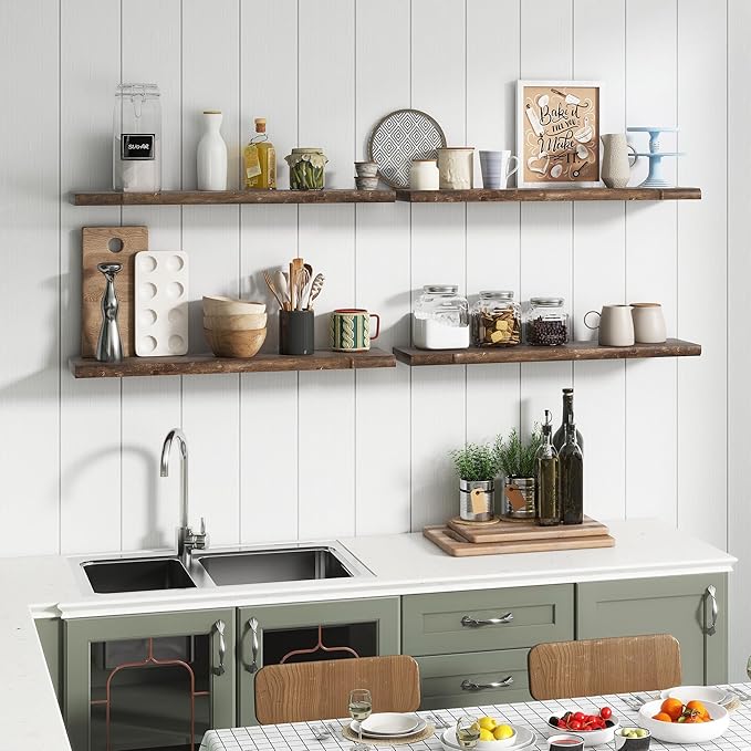 Rustic Elm Wood Floating Shelf for Wall, Live Edge 55"W x 9.2"D x 1.4"H, 1 Pack with Invisible Bracket, Large Wall Mounted Storage Shelf for Living Room Bedroom Kitchen Bathroom Decor, Walnut Finish