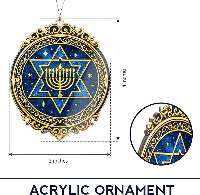 Hanukkah Ornament – Jewish Star Menorah Decoration | Judaica Gifts - Festival of Lights - Holiday Window Decor - Jewish Home Decor – Suncatcher Stained Glass Effect - Car Hanging Mirror