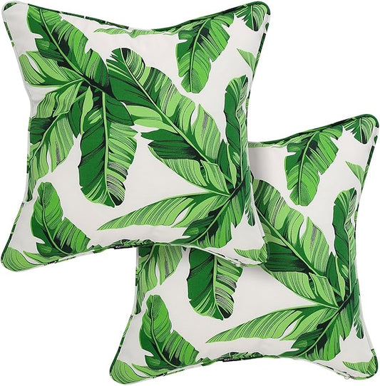 Outdoor Throw Pillow Covers 18x18 Inch, Set of 2, Cover Only! Waterproof Fade Resistant Decorative Cushion Sham Pillow Cases for Patio Furniture Chair Couch Sofa - Green Leaves White