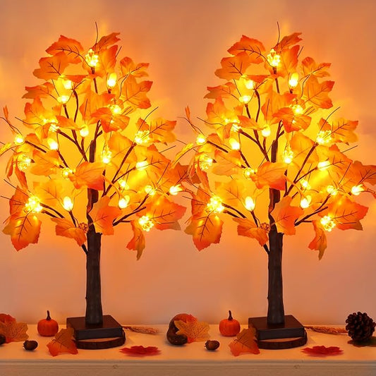 2 Pack 24 Inch Artificial Lighted Maple Tree with 48 LEDs Timer Fall Thanksgiving Decorations Battery Operated Prelit Maple Tree Table Lights for Thanksgiving Decor Home Indoor Autumn Harvest