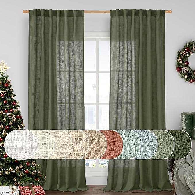 LAMIT Olive Green Linen Curtains for Living Room 2 Panels, Light Filtering Semi Sheer Panels Back Tab and Rod Pocket Christmas Panels for Bedroom/Sliding Glass Door, 52 x 108 Inch