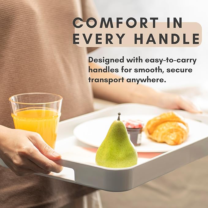 Bzyoo 11.5 x 16 Inch Large Rectangle Stackable Melamine Serving Tray with Handles – Minimalist Design, Multi-Purpose and Durable, BPA Free– Perfect for Kitchen, Dining, and Entertaining - White