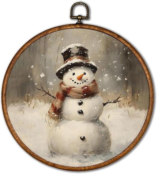 KSDUT Vintage Winter Wall Art Decor - Retro Christmas Snowy Wall Art Canvas Frame Hanging Prints, Snowman Holiday Landscape Round Wall Art Decor for Home Farmhouse Decorations 10"x10"