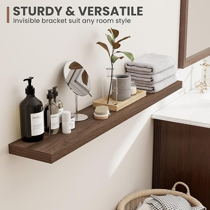 24 Inch Floating Shelves, 8 Inch Deep Floating Shelves for Wall, Hanging Shelf with Invisible Brackets, Deep Shelves for Bathroom, Bedroom, Living Room, Walnut, Set of 2