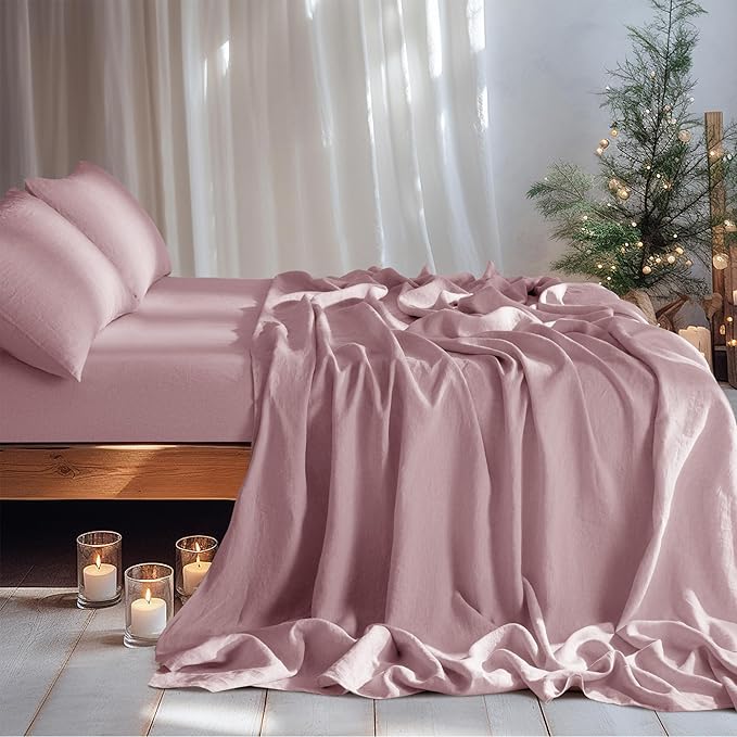 LBRO2M 100% Linen Sheet Set King Size,Bed Sheets 4 Piece Sets,Solid Color Natural Flax Bed Sheets Soft Breathable Bedding,16" Deep Pocket,All Season (King, Embroidery Purple)