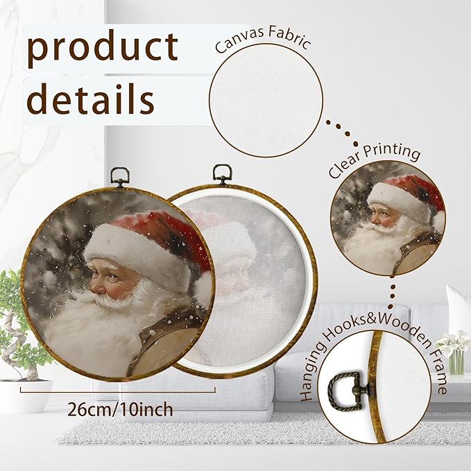 XPH Vintage Christmas Santa Round Wall Art Framed, Rustic Christmas Circle Wall Decor, Farmhouse Cozy Winter Xmas Hanging Canvas Prints for Home Bedroom Living Room Decoration, 10x10 Inch