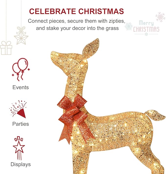 HOYECHI 6.5 FT Oversized Christmas Decorations Outdoor Lighted Reindeer β 3-Piece 3D Deer Family Set with 340 Warm White LED Lights for Yard, Lawn, Garden & Porch Holiday Display - Gold