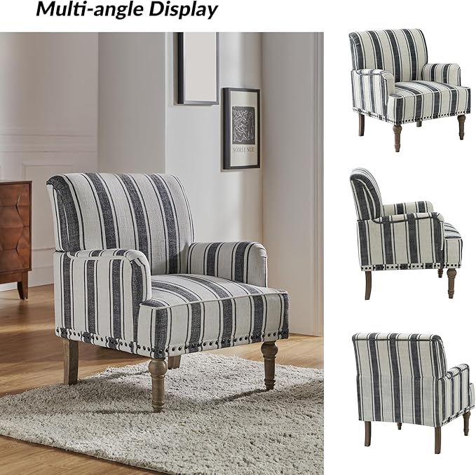 HULALA HOME Modern Armchairs Set of 2 with Wooden Legs & Nailhead Trim, Comfy Upholstered Accent Chairs for Living Room Bedroom Office(Stripe Pattern, Black)