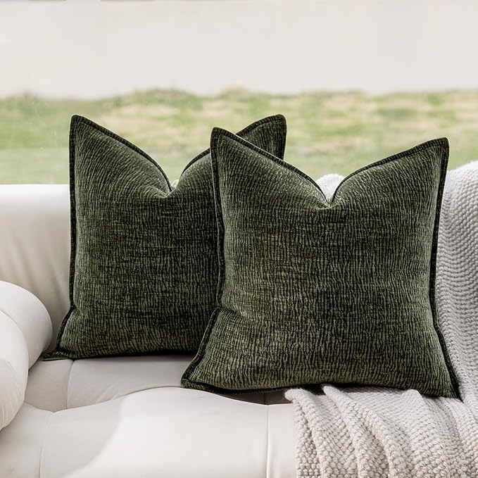 DWR Decorative Throw Pillow Covers Set of 2, 18x18 Crinkled Chenille Textured Cushion Covers for Couch, Sofa or Bed, Modern Rustic Home Accent in Dark Sage