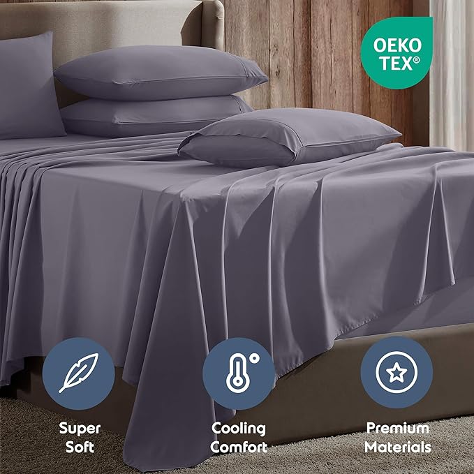 Nestl Extra Deep Cal King Sheet Set - 6 Piece Breathable & Cooling Sheets - Hotel Luxury Bedding Set w/18-24 Inch Deep Pockets - Easy & Secure Fit - Super Soft, Wrinkle Free & Comfy - Grayish Purple