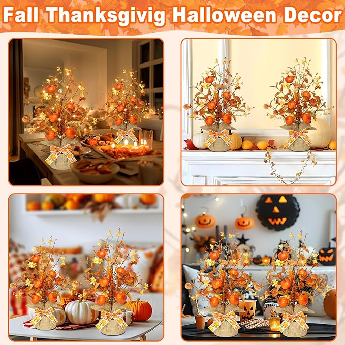2 Pack & Timer - Lighted Fall Tree Tabletop Fall Thanksgiving Decor with 30 LED Battery Operated Artificial Eucalyptus Tree Pumpkins Floral Berry Burlap Base Fall Thanksgiving Decorations Home Indoor