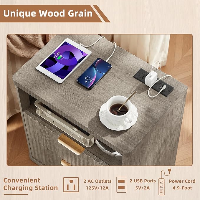 LEYAOYAO Fluted Farmhouse Nightstand Set of 2 with Charging Station, 23" Wide 2 Drawers End Table,Grey Dresser for Bedroom,Bed Side Table Chest of Drawers Cabinet,Wood Night Stand for Living Room