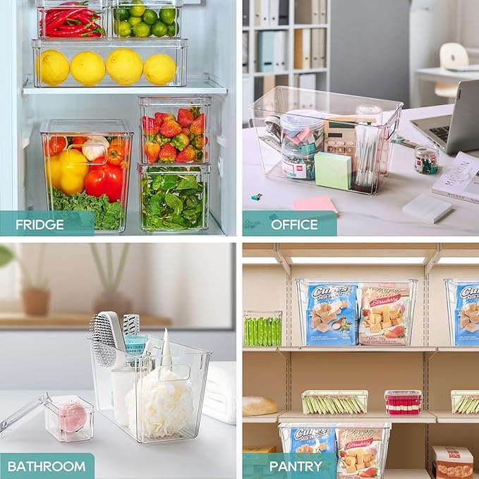 MUCHII 6 Pack Fridge Organizers and Storage, Stackable Fridge Organizer Bins with Lids, Kitchen Organizer Storage Containers for Fruit, Food, Vegetables
