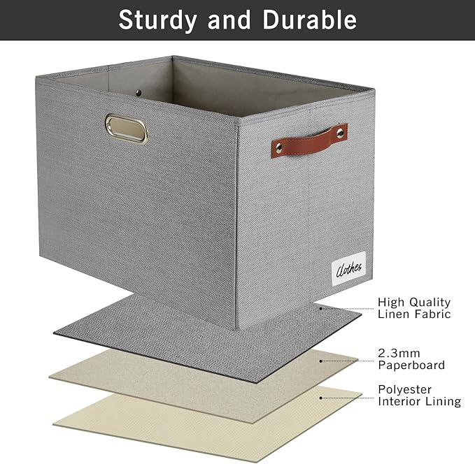 3-Pack Foldable Fabric Storage Bins with Durable PU & Metal Handles, Collapsible Storage Baskets for Shelves, Home Storage, Closet Organizers, Living Room(17"x11.8"x11.8", Grey)