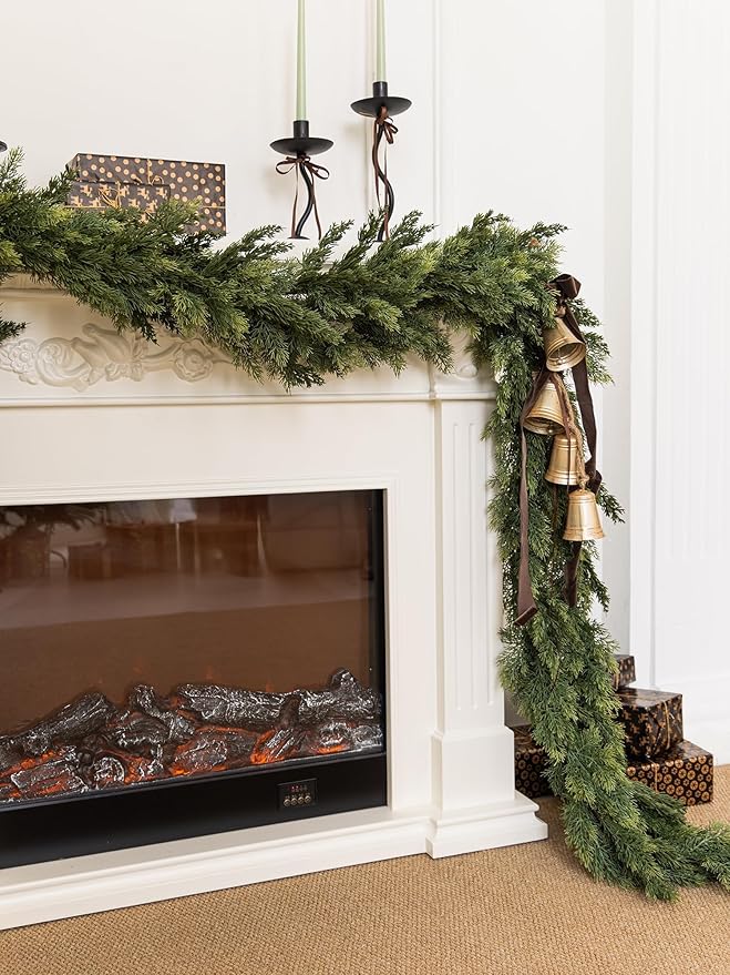 9ft Handmade Christmas Garland,Cedar Artificial Greenery Cypress Pine Needles Seasonal Garland for Christmas Fireplace Winter Holiday Indoor Outdoor Decoration