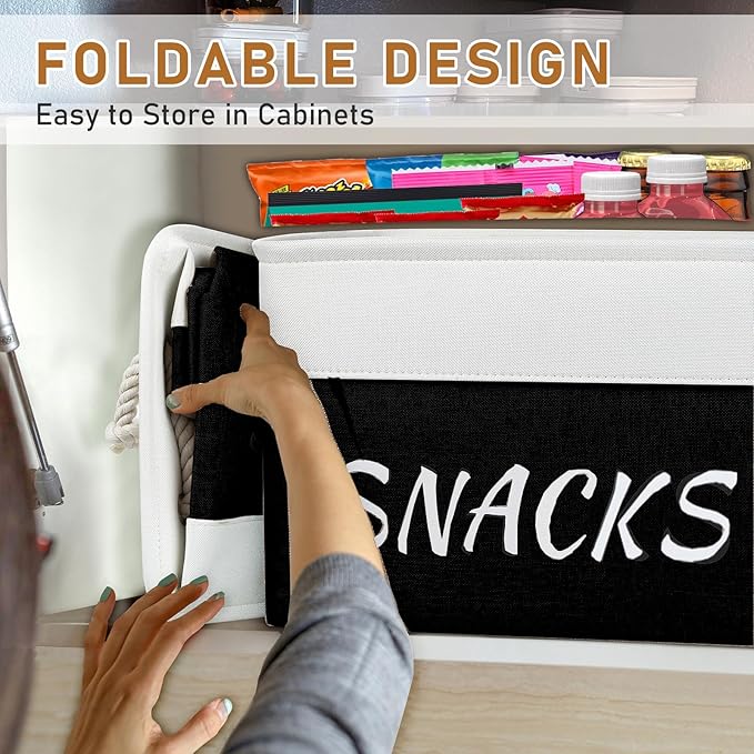 2 Pack Snack Organizer for Pantry,Decorative Snack Basket with 20 Pcs Chip Clips, Collapsible Snack Organizer for Countertop, Pantry Shelf, Office, Kitchen and More