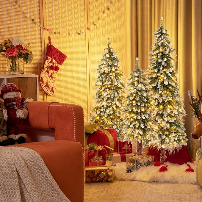 GOFLAME Set of 3 Prelit Christmas Tree, Pencil Artificial Christmas Tree 3Ft, 4Ft and 5Ft with Warm White LED Lights, Slim Christmas Trees with Snowy Leaves, Xmas Decoration Tree for Home Office Party