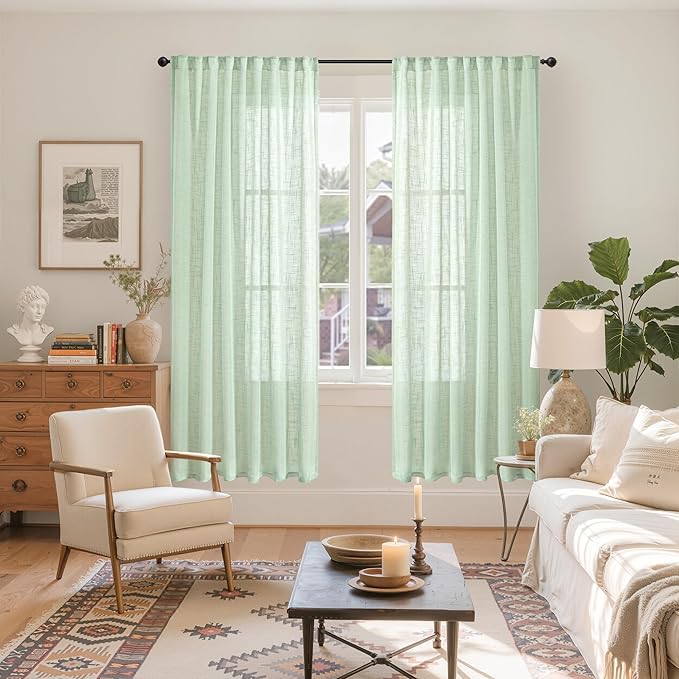 YoungsTex Sage Green Linen Curtains 72 Inch Length for Living Room 2 Panels, Rustic Semi Sheer Window Treatments Light Filtering with Rod Pocket Back Tab for Bedroom Dining, 2 Panels, 52 X 72 Inch