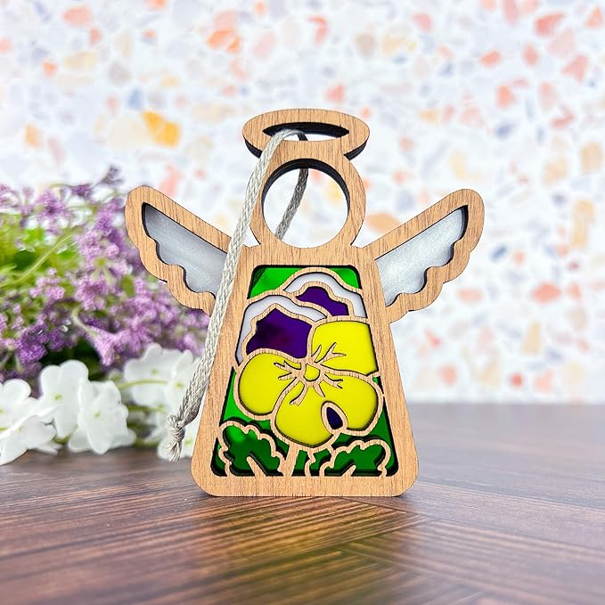 Pansies Gifts for Women - Pansy Christmas Ornament - Yellow Purple Flower Suncatcher - Memorial Angel Figurine - 3.5" (H)