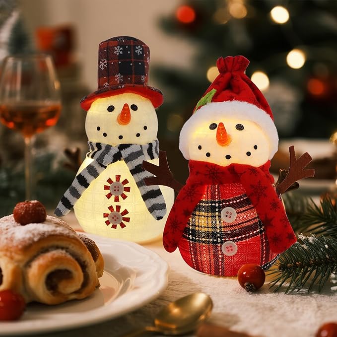Christmas Table Decorations, 2 Pcs Snowman with Warm White LED Lights, Xmas Table Top Snowmen Decor for Winter Home Kitchen Mantle Room Office Holiday Party