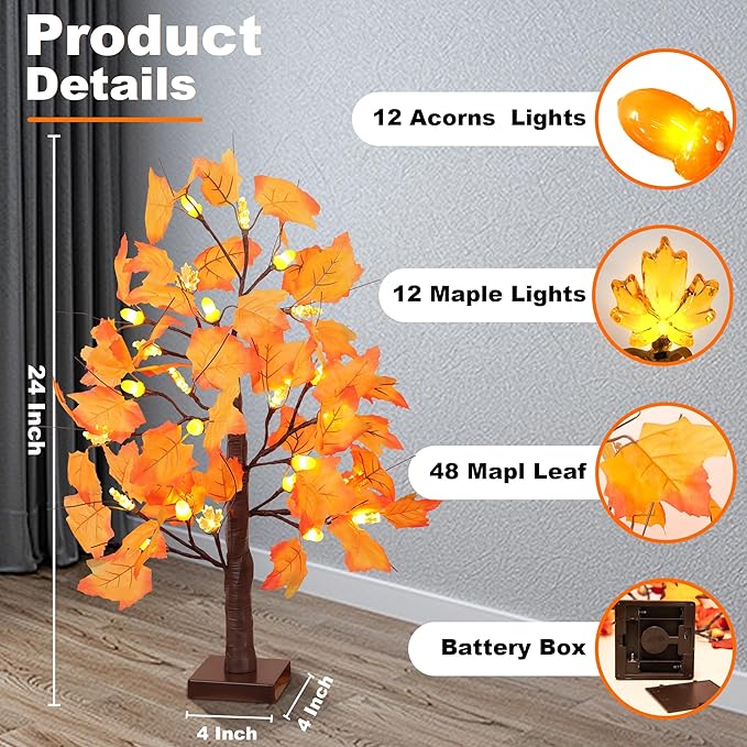 2 Pack 24 Inch Prelit Fall Maple Tree Fall Thanksgiving Decorations with 48 LEDs Battery Operated Timer Lighted Acorn Maple Artificial Tabletop Light Up Tree for Home Indoor Thanksgiving Table Decor