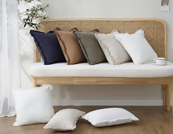 Foindtower Set of 2 Decorative Linen Fringe Throw Pillow Covers Cozy Boho Farmhouse Cushion Cover with Tassels Soft Accent Pillowcase for Couch Sofa Bed Living Room Home Decor, 22×22 Inch, Beige