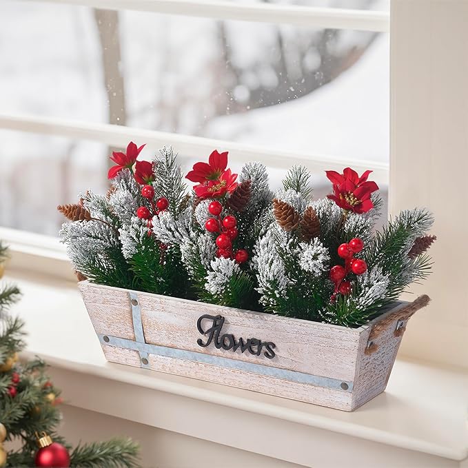 Artificial Christmas Centerpiece with Snowy Norfolk Pine Garland, Poinsettias, Berries & Pine Cones in Rustic Wood Planter – Holiday Table Decoration for Home, Kitchen, Office, or Mantel