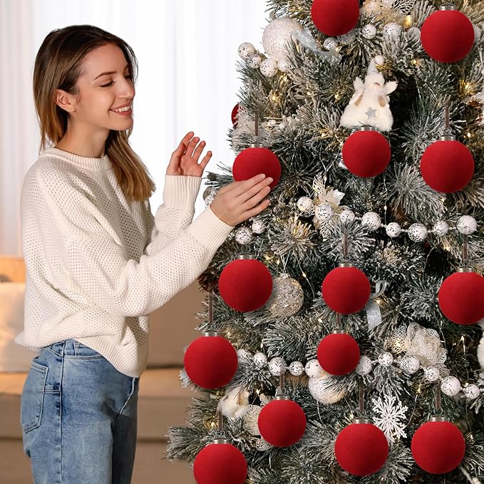 36 Pcs Velvet Christmas Balls Bulk - Flocked Christmas Tree Ball Ornaments Hanging Decoration for Xmas Tree, Wreath, Home or Party Decorations, 2.36", 2.76", 3.15"(Wine Red)