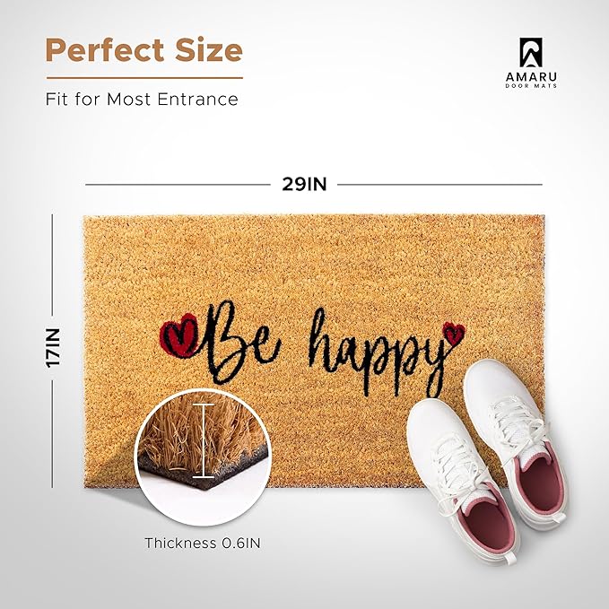 Be Happy - 17"x29" - Coir Door Mat with Heavy Duty Backing - Welcome Mats for Entryway, Porch - Anti-Slip PVC & Coconut Fiber Surface - Natural Home Accessories, Minimalist Original Design
