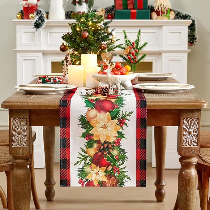 Christmas Table Runner - Xmas Balls Flowers Red Buffalo Plaid Check Winter Holiday Decorative Farmhouse Table Decorations for Kitchen Dinning, Indoor Outdoor Dinner Party Decor 13x72 Inch