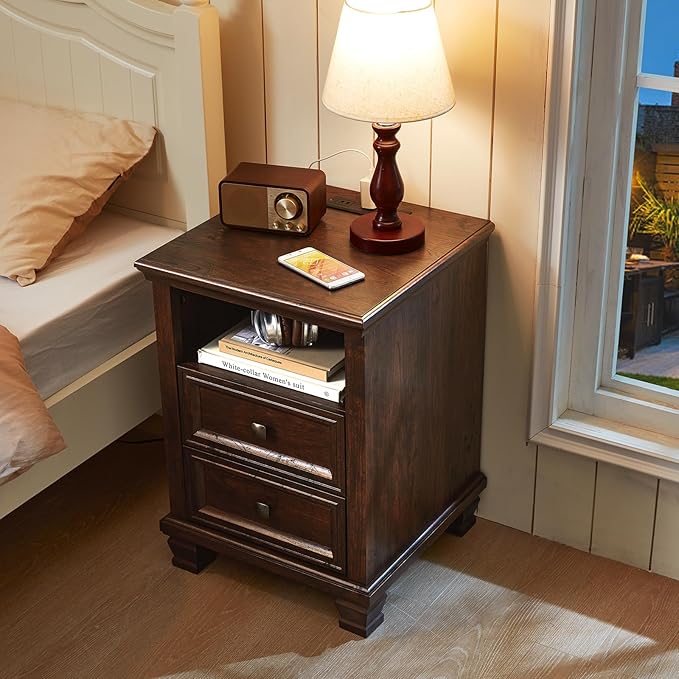 Farmhouse Nightstand with Charging Station, Rustic Brown Nightstand,2 Drawers End Table for Living Room,Bedside Table with Open Shelf for Bed Room,Walnut