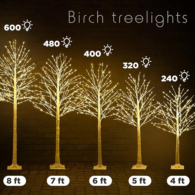 Baquler 6 Pack Lighted Birch Tree - Artificial LED Warm-White Light Birch Tree Decoration for Christmas Holiday Party Wedding Festival Decor, Indoor & Outdoor (4 5 6 7 8 ft)