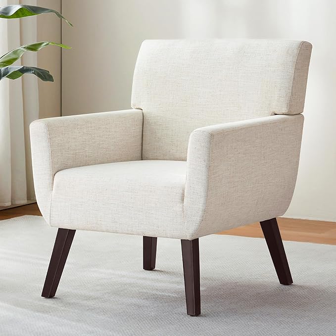 Upholstered Accent Chair,Mid Century Modern Linen Fabric Small Living Room Chair with Arm,Comfy Wingback Armchair for Bedroom Reading Beige